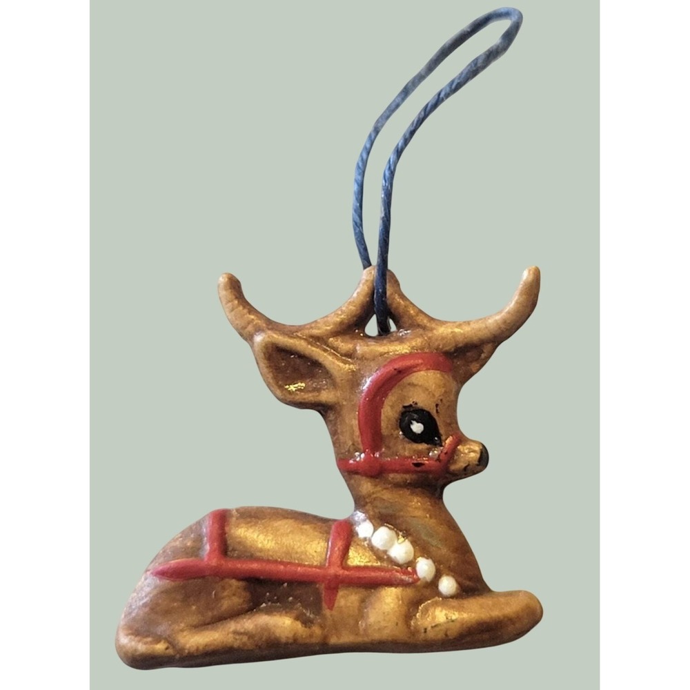 Reindeer Ornament Vintage Kitsch Farmhouse Christmas Decor Brown Red